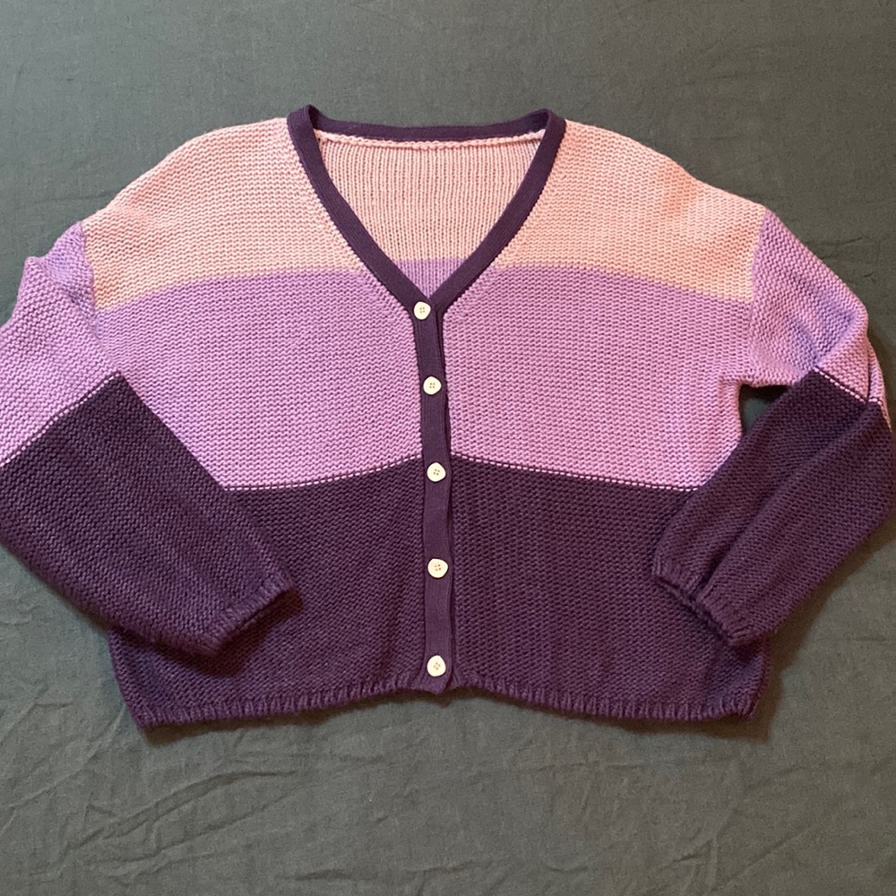 Crochet Bubble Sleeve Striped Cardigan Striped 2XL